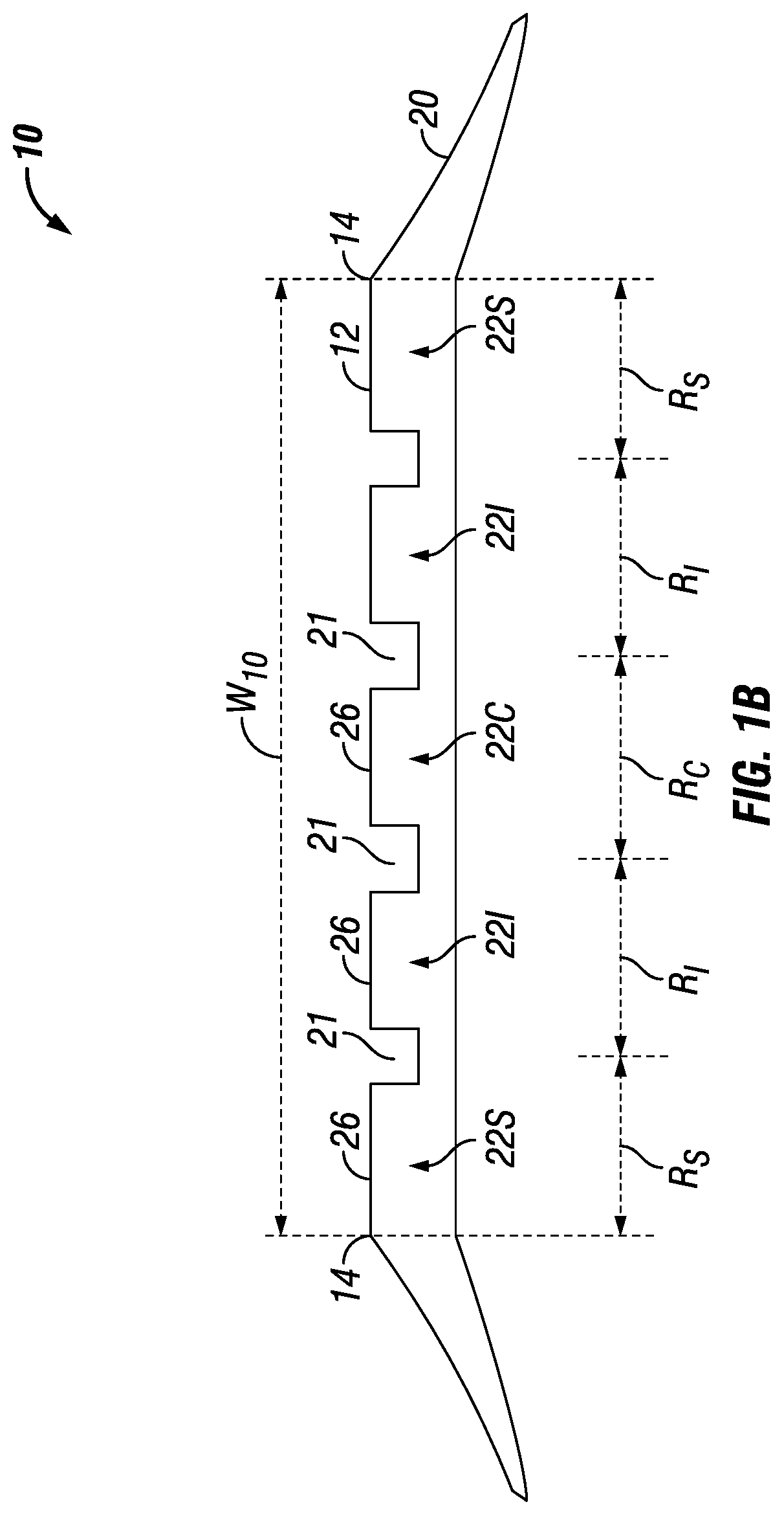 Lateral discontinuities having thicknesses increasing from shoulder to center of tire tread