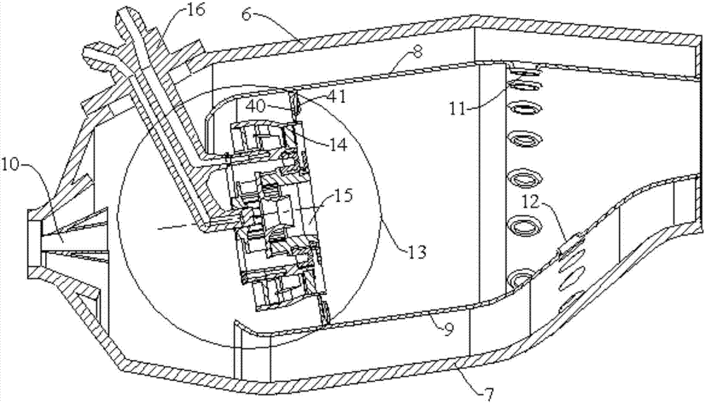A low-pollution combustion chamber in which the main combustion stage adopts an axial two-stage distributed swirler