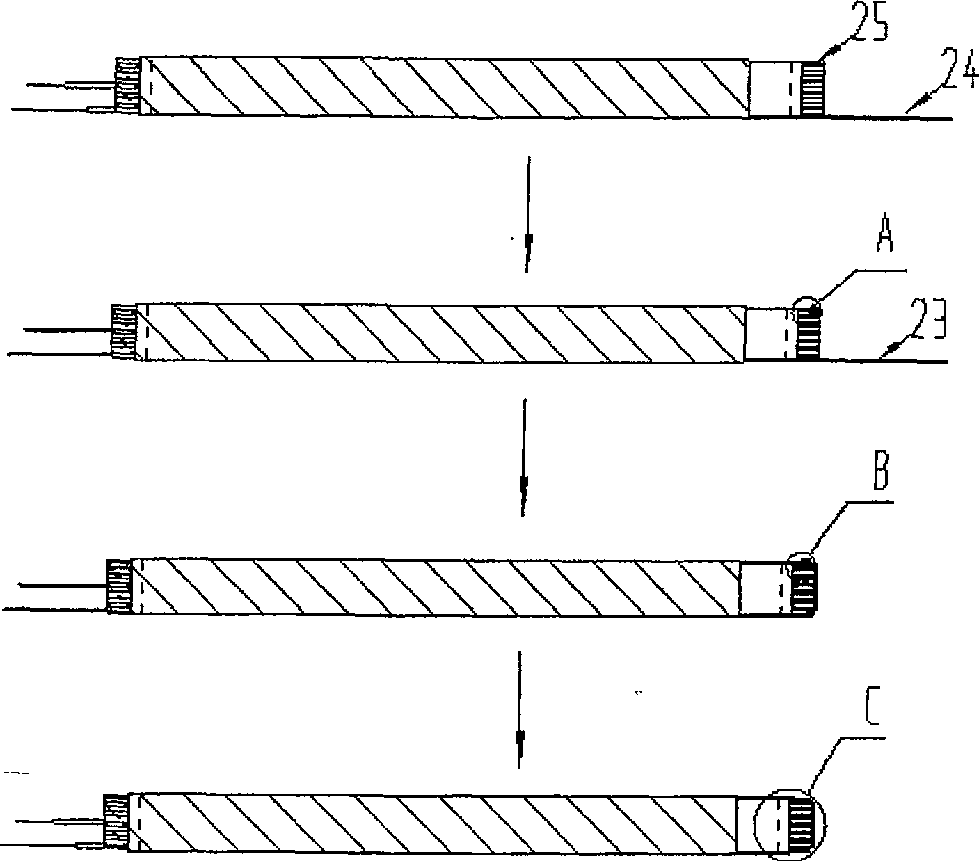 Method for packing the adhesive tape at the bottom of the lithium ion battery coil core and its device