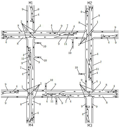 Right-side and left-side driving hybrid arrangement trunk twisted road network system