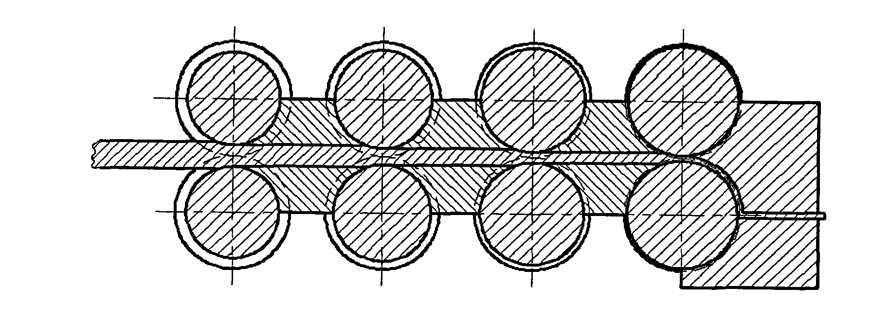 Metal material large-strain processing method based on multi-pair wheel rolling and equal channel corner extrusion