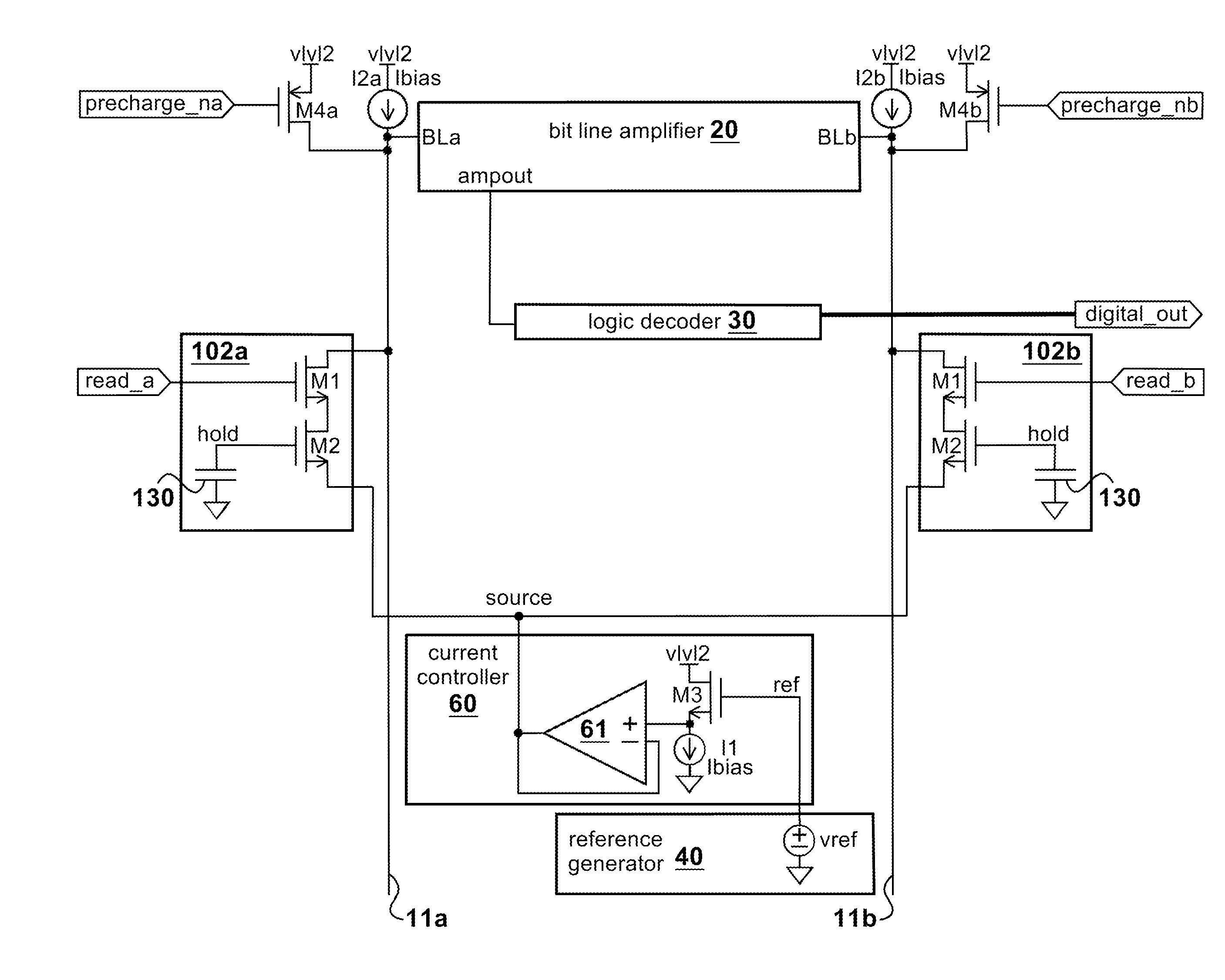 Memory architecture with a current controller and reduced power requirements