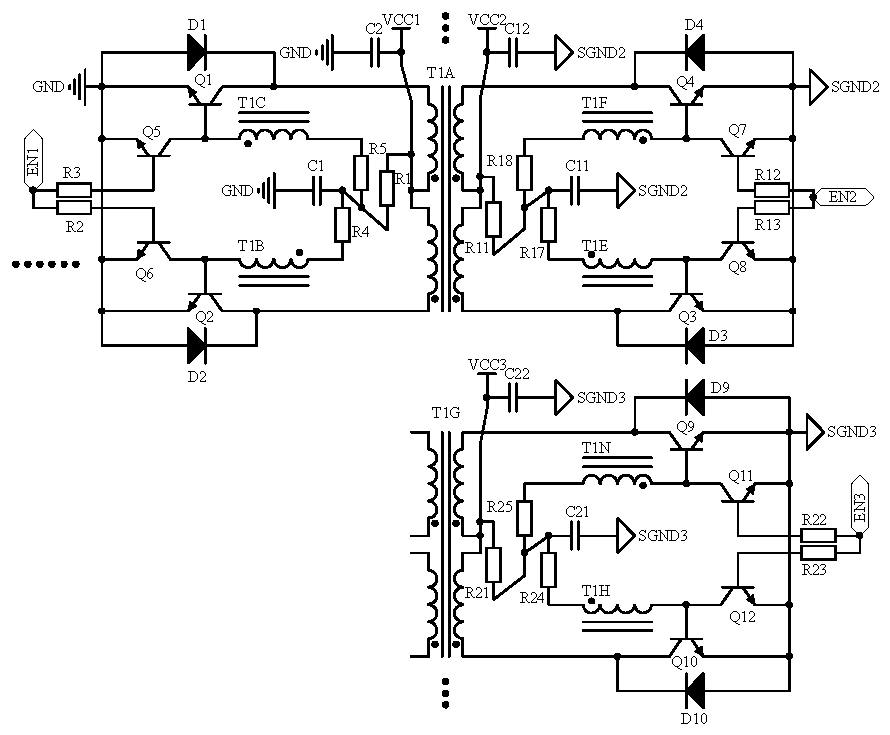 Bidirectional or multidirectional DC-DC conversion circuit based on Royer