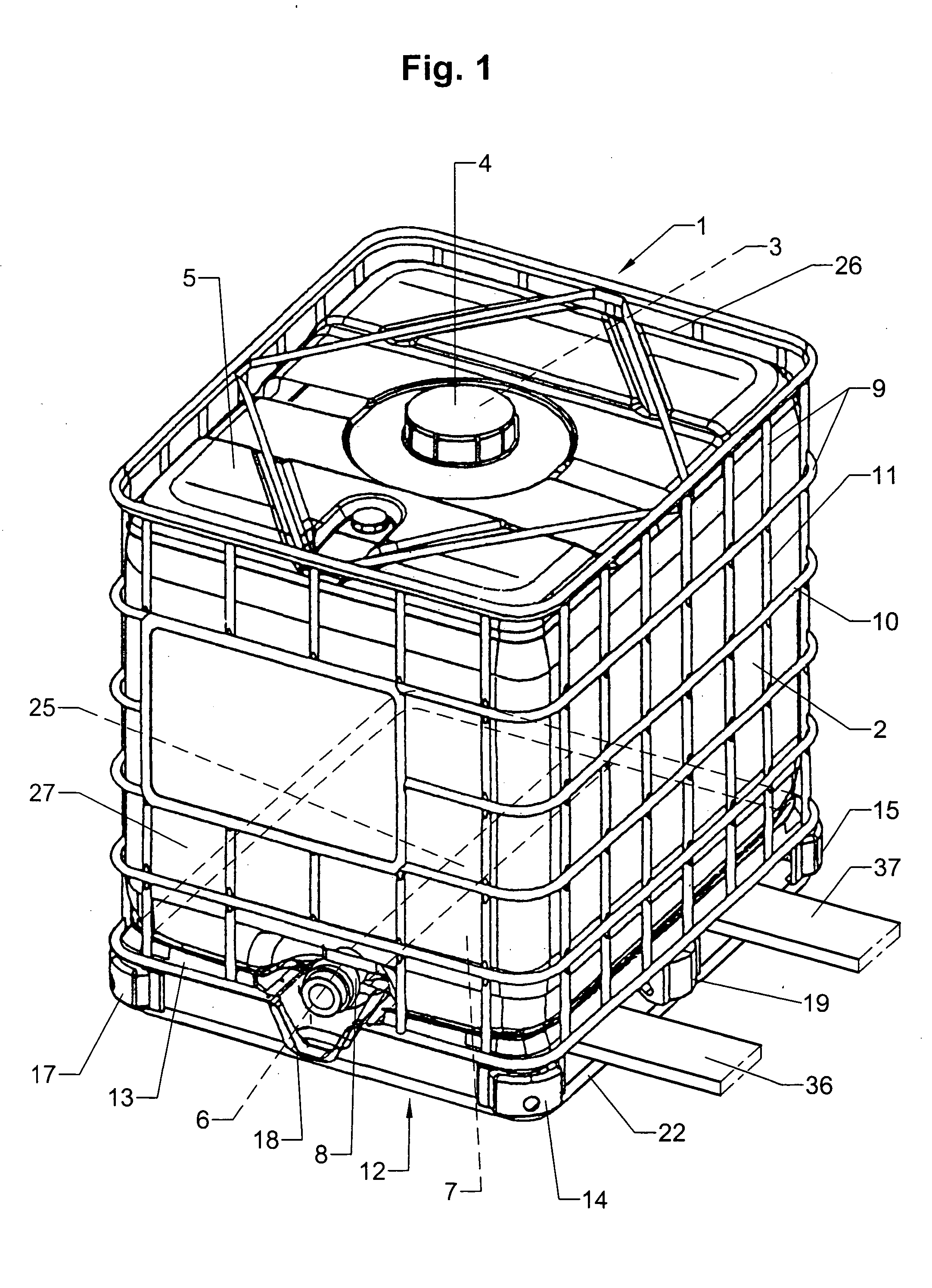Pallet-type support frame for transport and storage containers for liquids