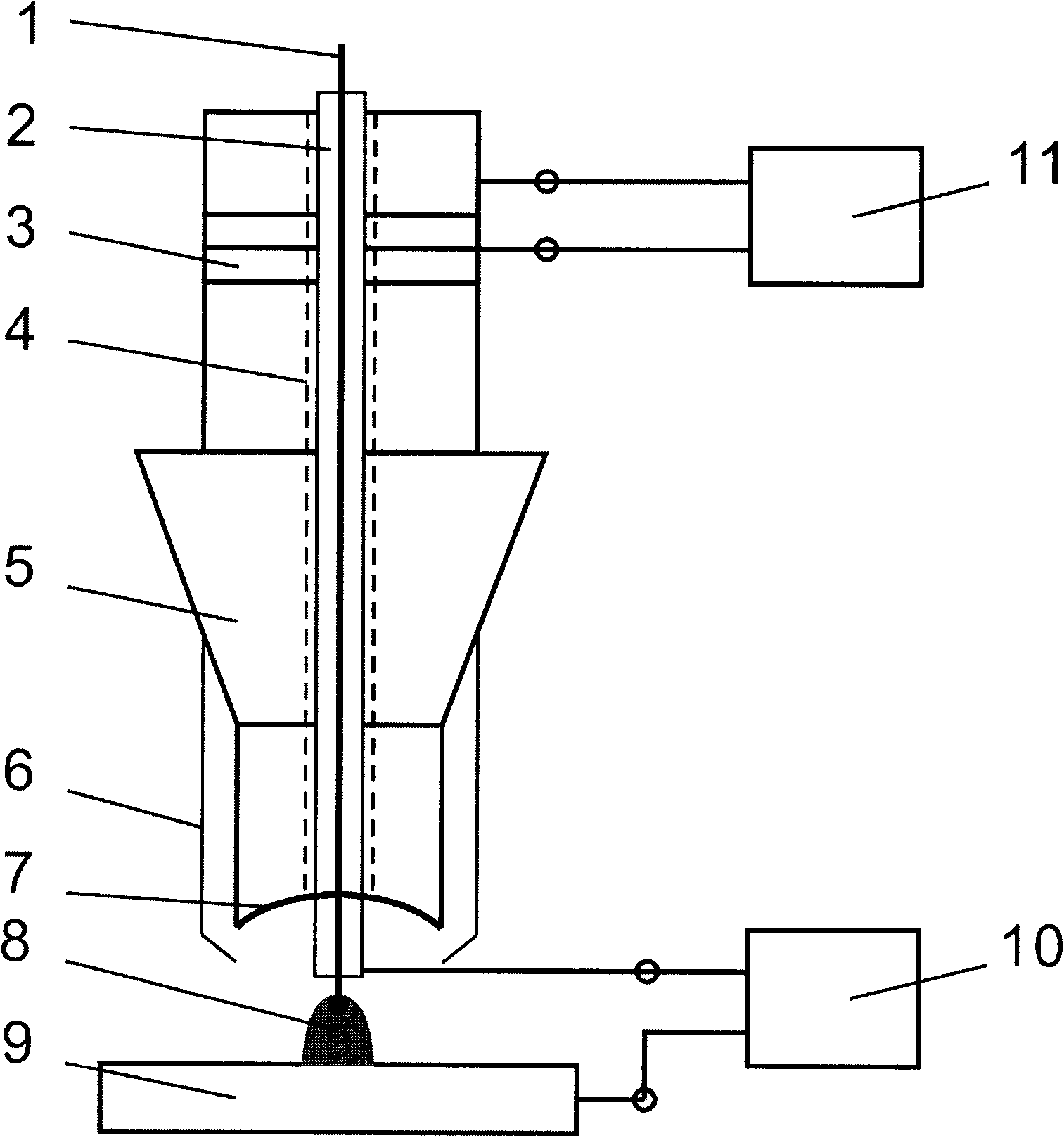 Welding device for compounding ultrasonic focusing sound field with molten pole arc welding