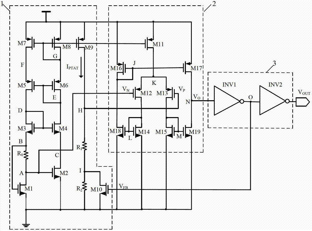 Sub-threshold value MOS (metal oxide semiconductor) tube-based overheat protection circuit