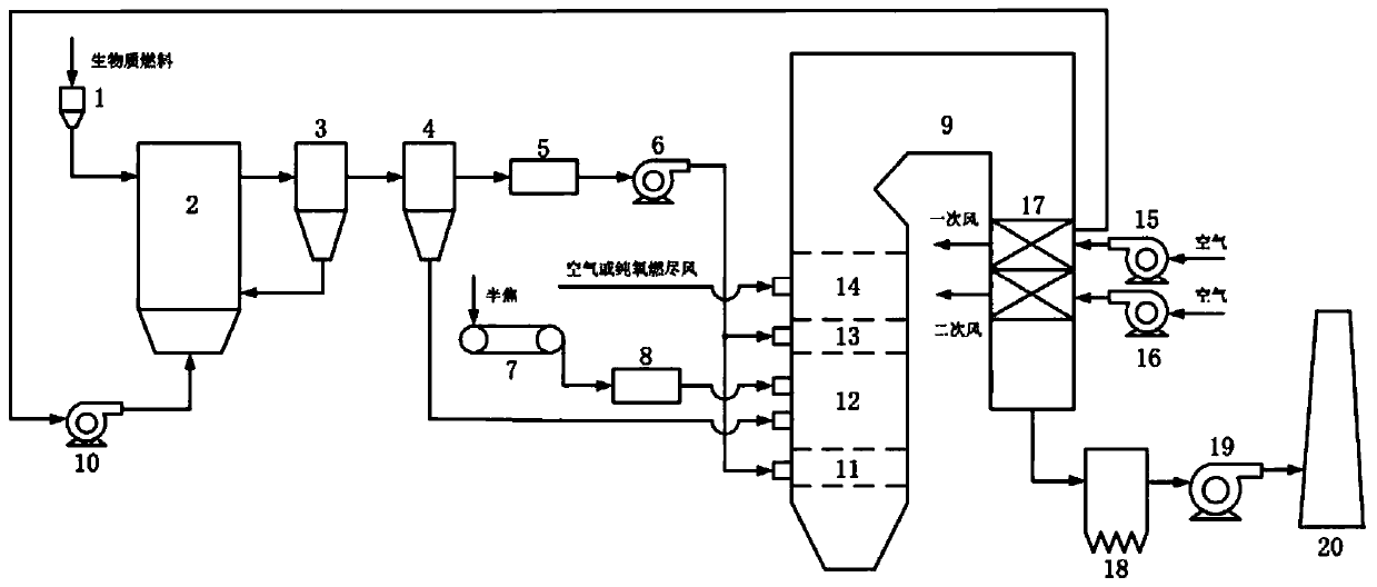 A system and method for co-combustion of biomass fuel and semi-coke