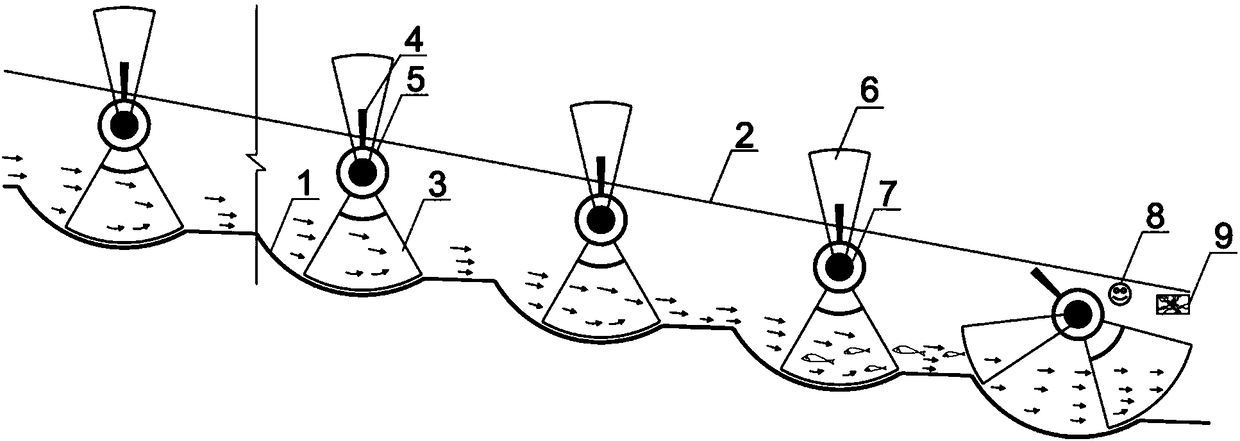 Overlapping arc fishway with variable hydraulic gradient and fish passing method