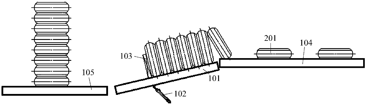 Tyre stack disassembling device without grabbing tyre and tyre conveying equipment