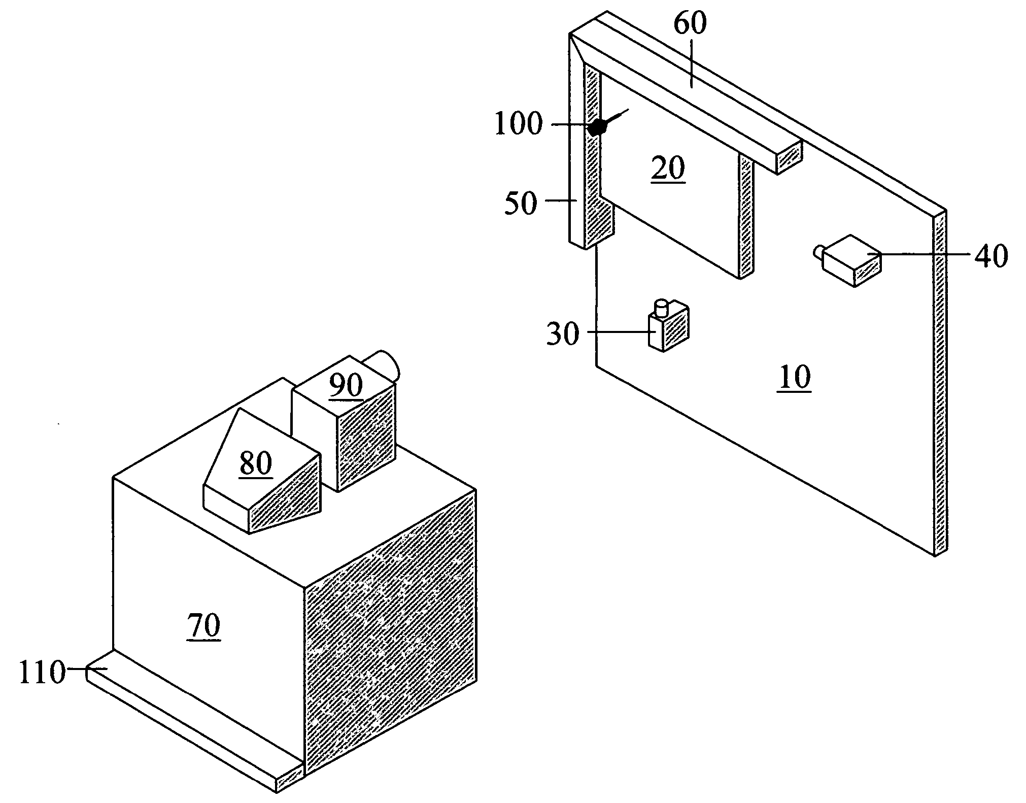 Game apparatus where darts are thrown into a projected video game image and software conducts the game progress by locating the darts with digital cameras