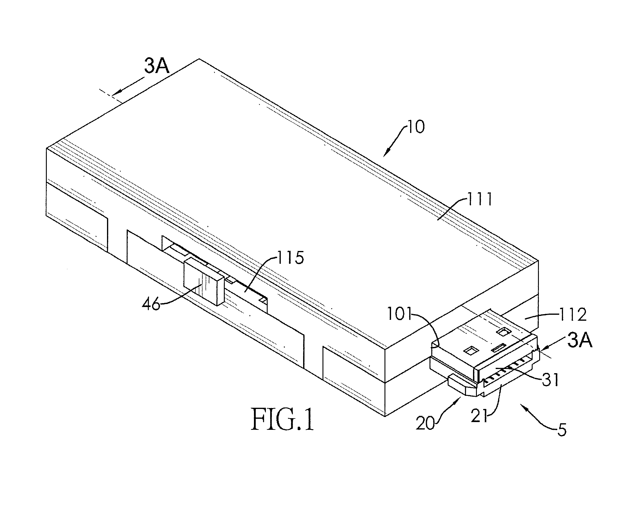 Storage device with a casing with a plug movable parallel to a second plug in the casing