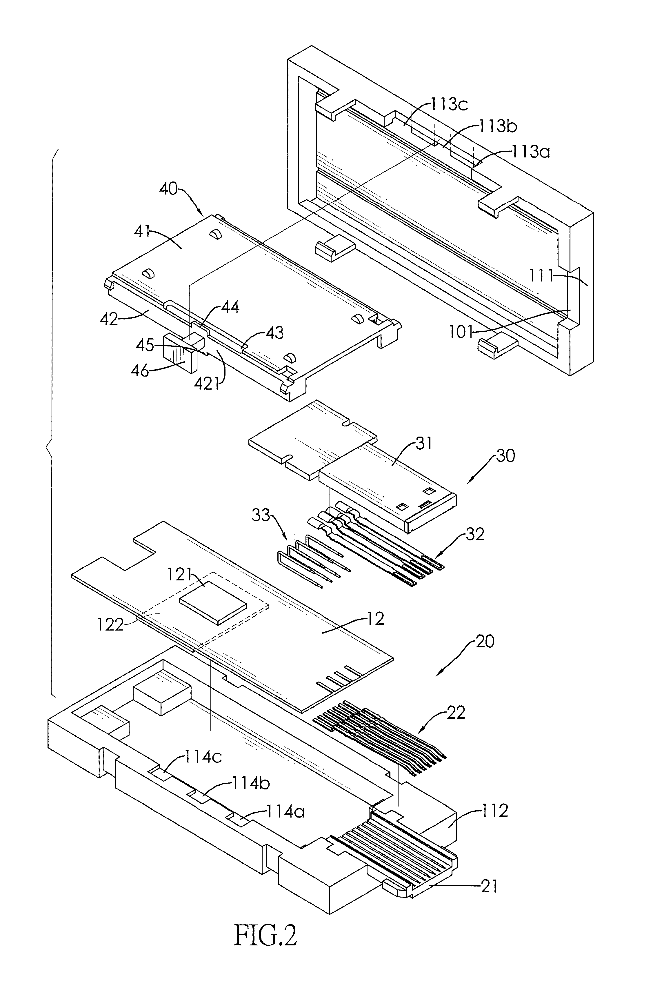 Storage device with a casing with a plug movable parallel to a second plug in the casing