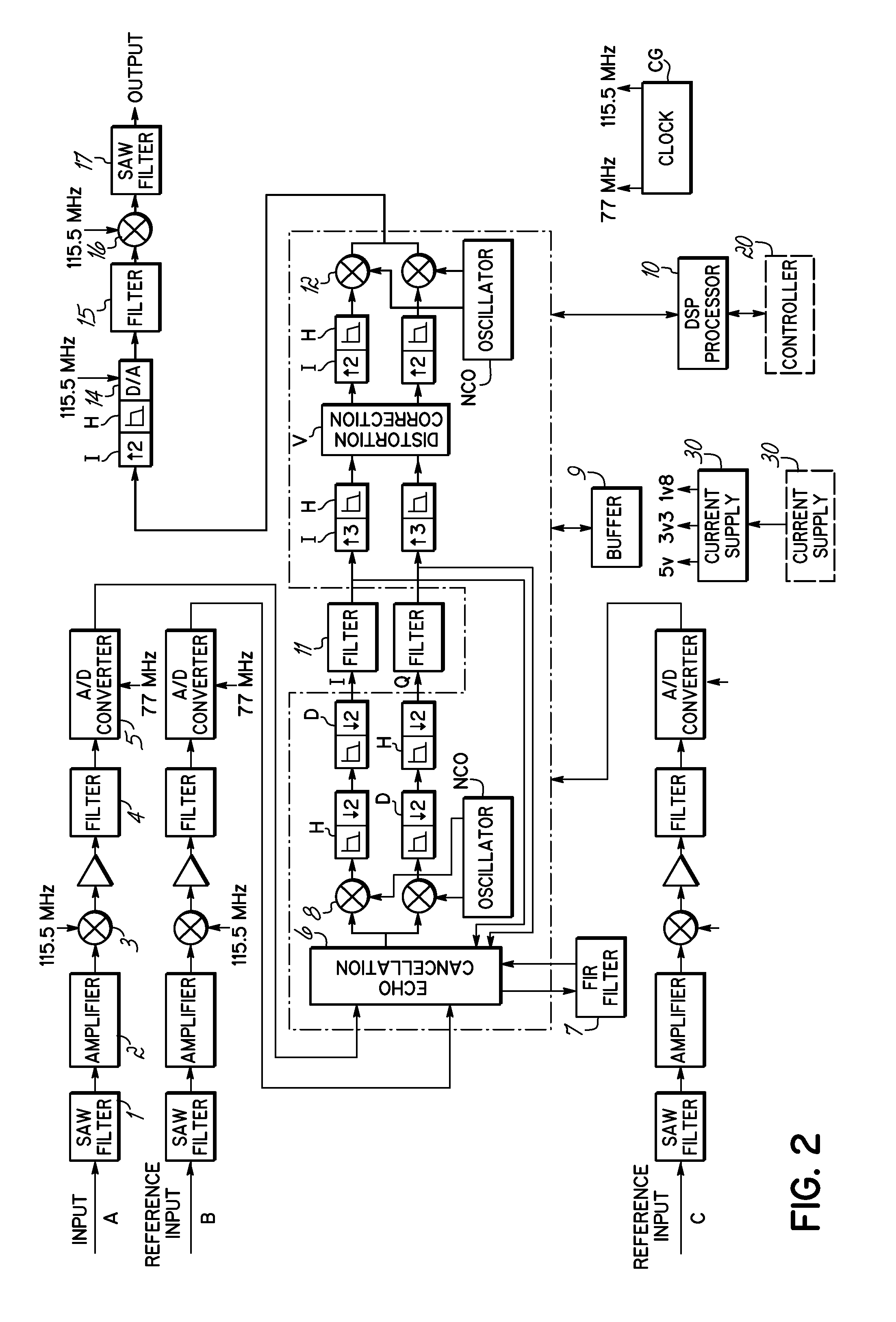 Digital repeater having bandpass filtering, adaptive pre-equalization and suppression of natural oscillation