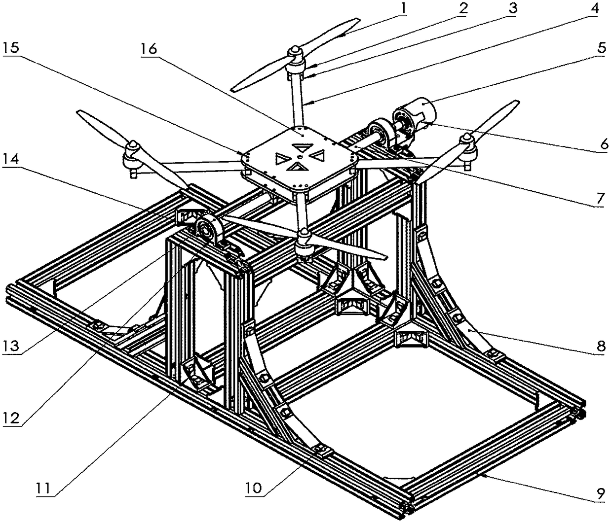 Mechanical system of scientific research and teaching test stand of four-rotor unmanned aerial vehicle
