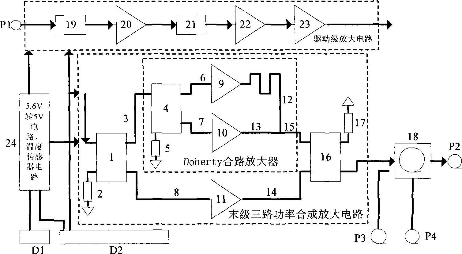 Final three-route power synthesizing amplifying circuit applied to power amplifier of mobile communication base station system
