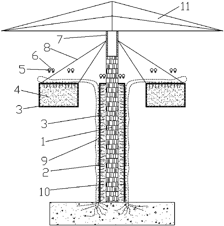 Greenhouse frame facilitating nutrient absorption of aerial root of dragon fruit and fertilizing method thereof