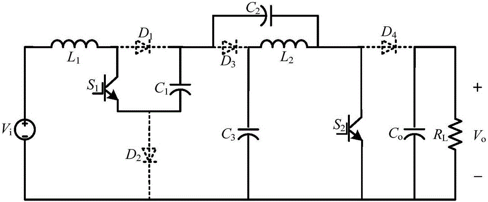 Current continuous high-gain switch voltage rise quasi-Z-source converter circuit