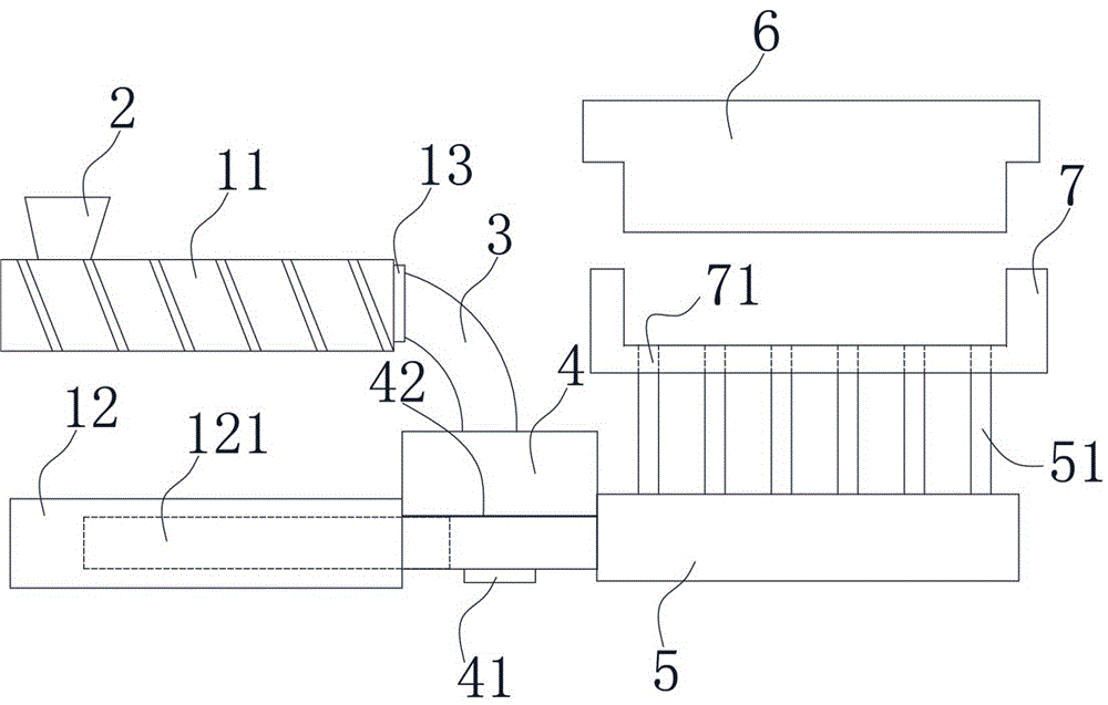 Wood fiber extruding injection forming process and device