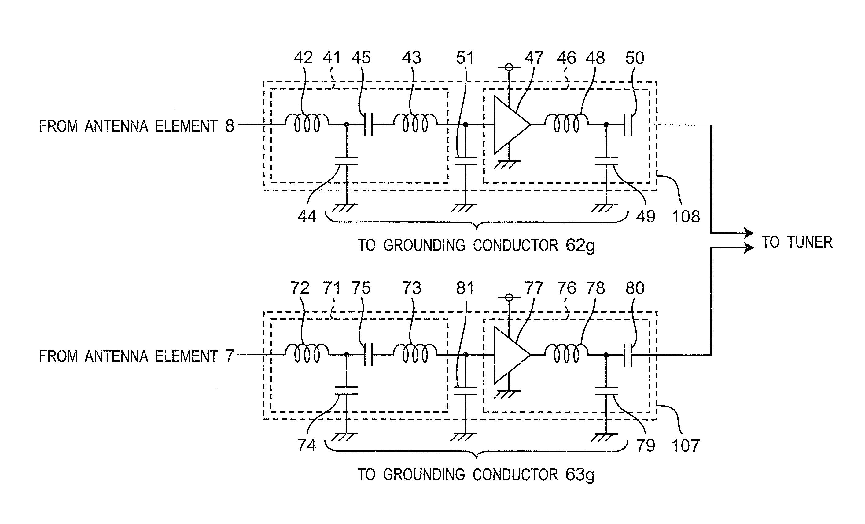 Antenna apparatus having first and second antenna elements fed by first and second feeder circuits connected to separate ground conductors