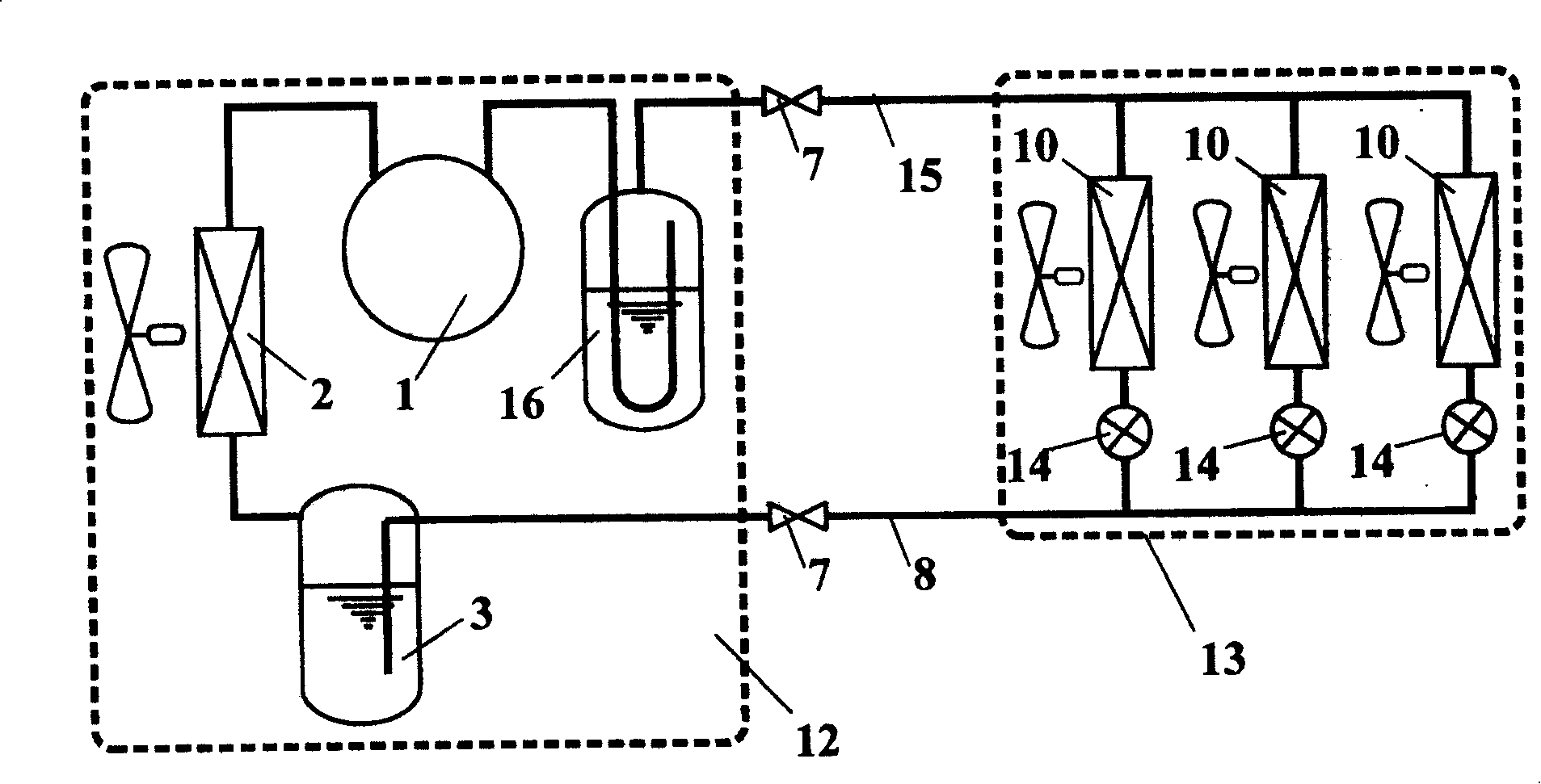 Multi-connected air conditioning unit with liquid pump
