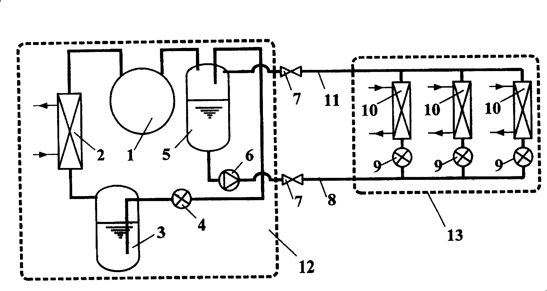 Multi-connected air conditioning unit with liquid pump