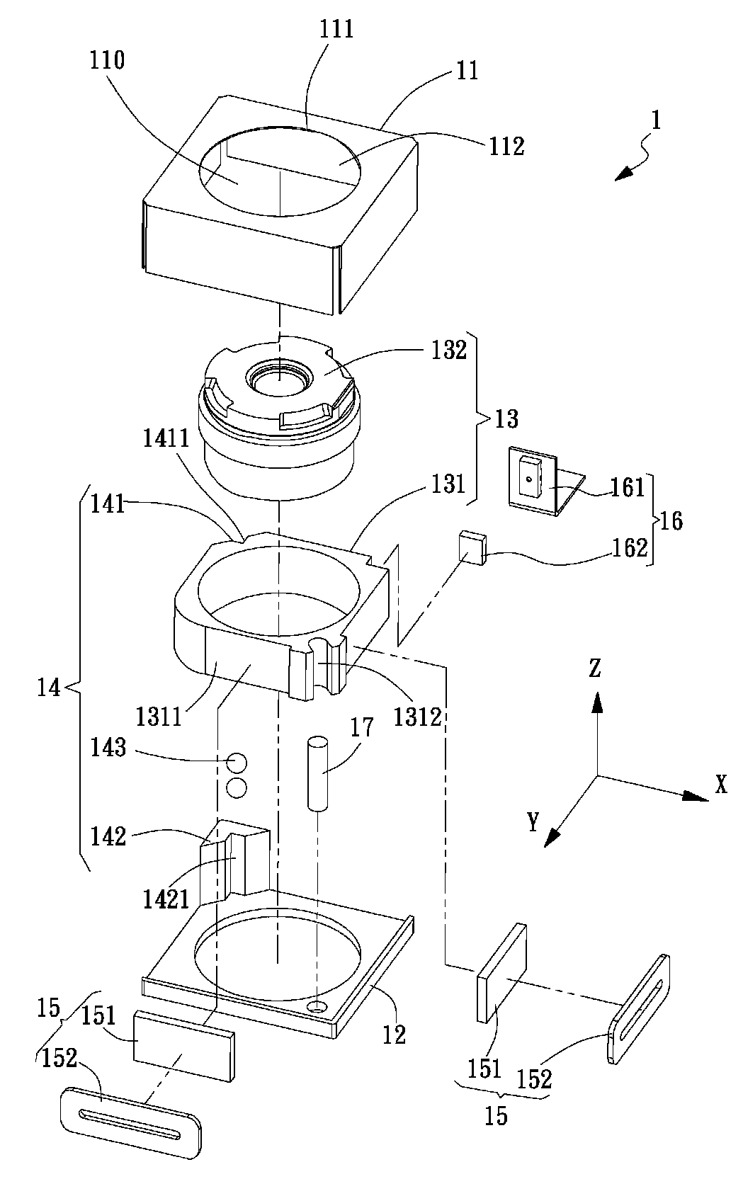 Electromagnetic driving device for lens having an anti-tilt mechanism