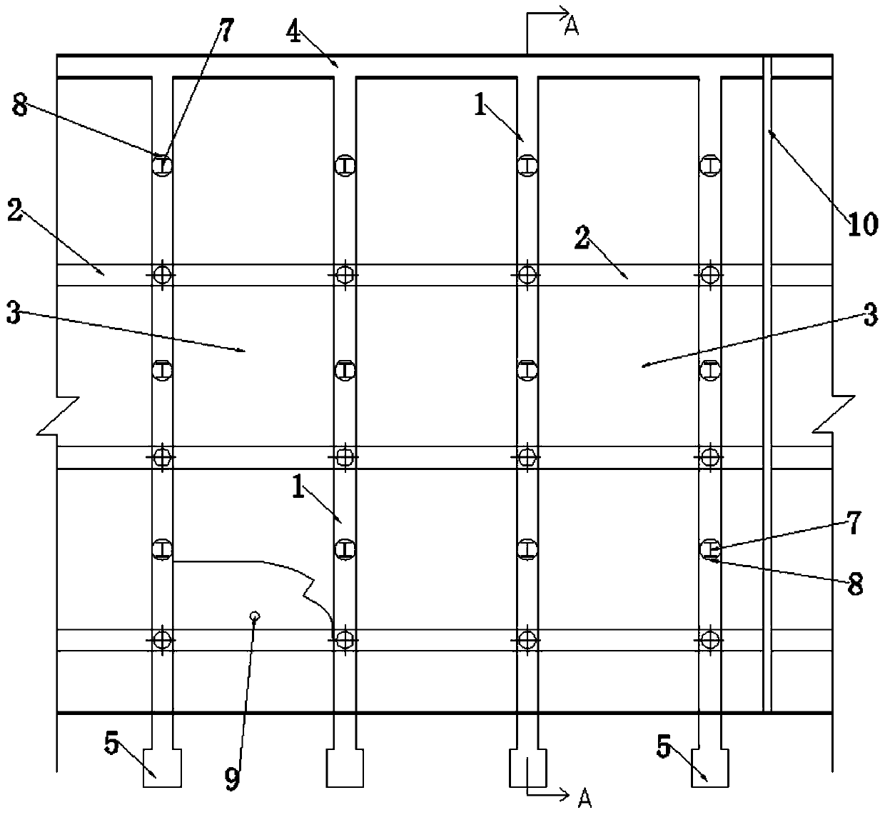 Ribbed column anchor rod retaining wall without notch groove