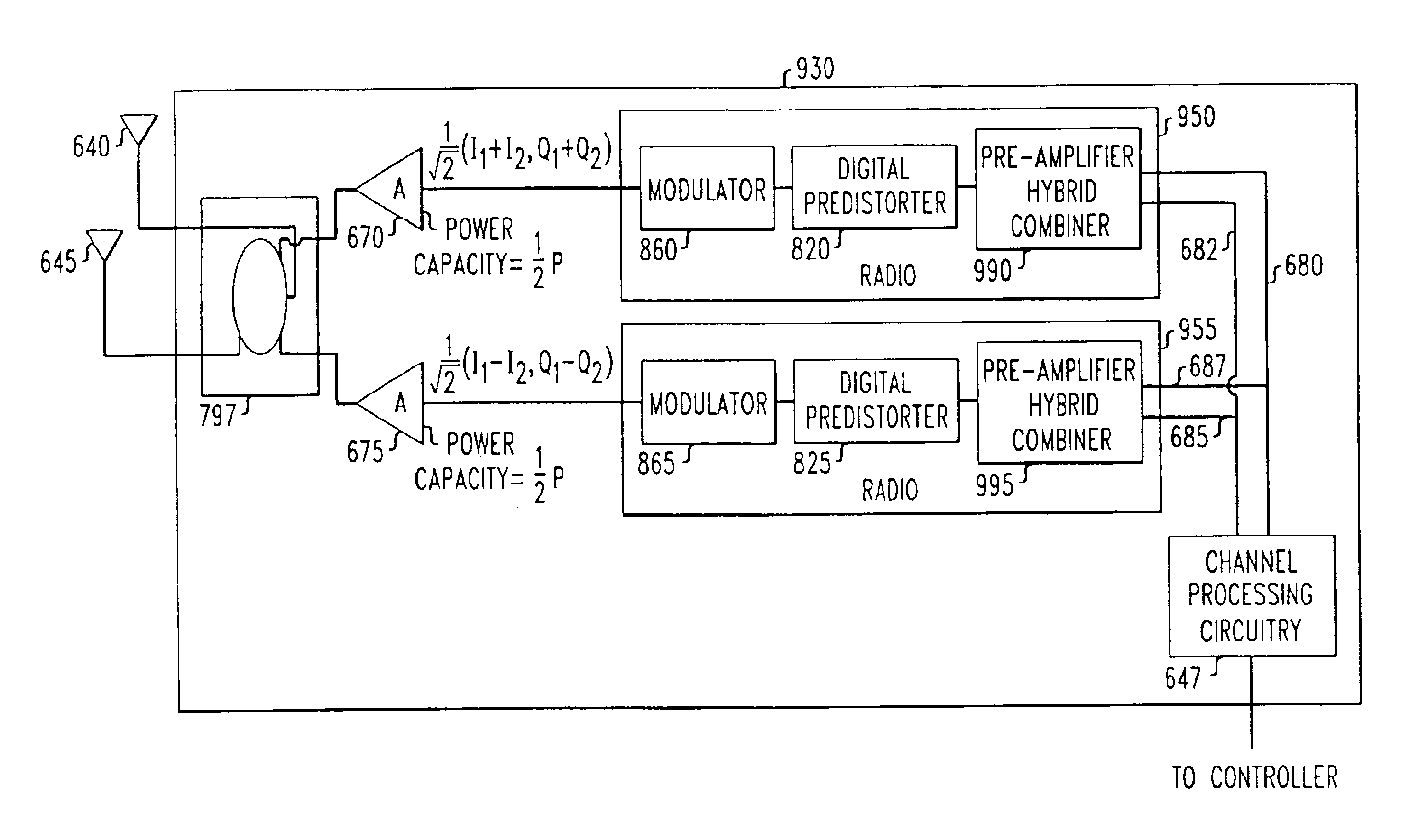 Power amplifier sharing in a wireless communication system with amplifier pre-distortion