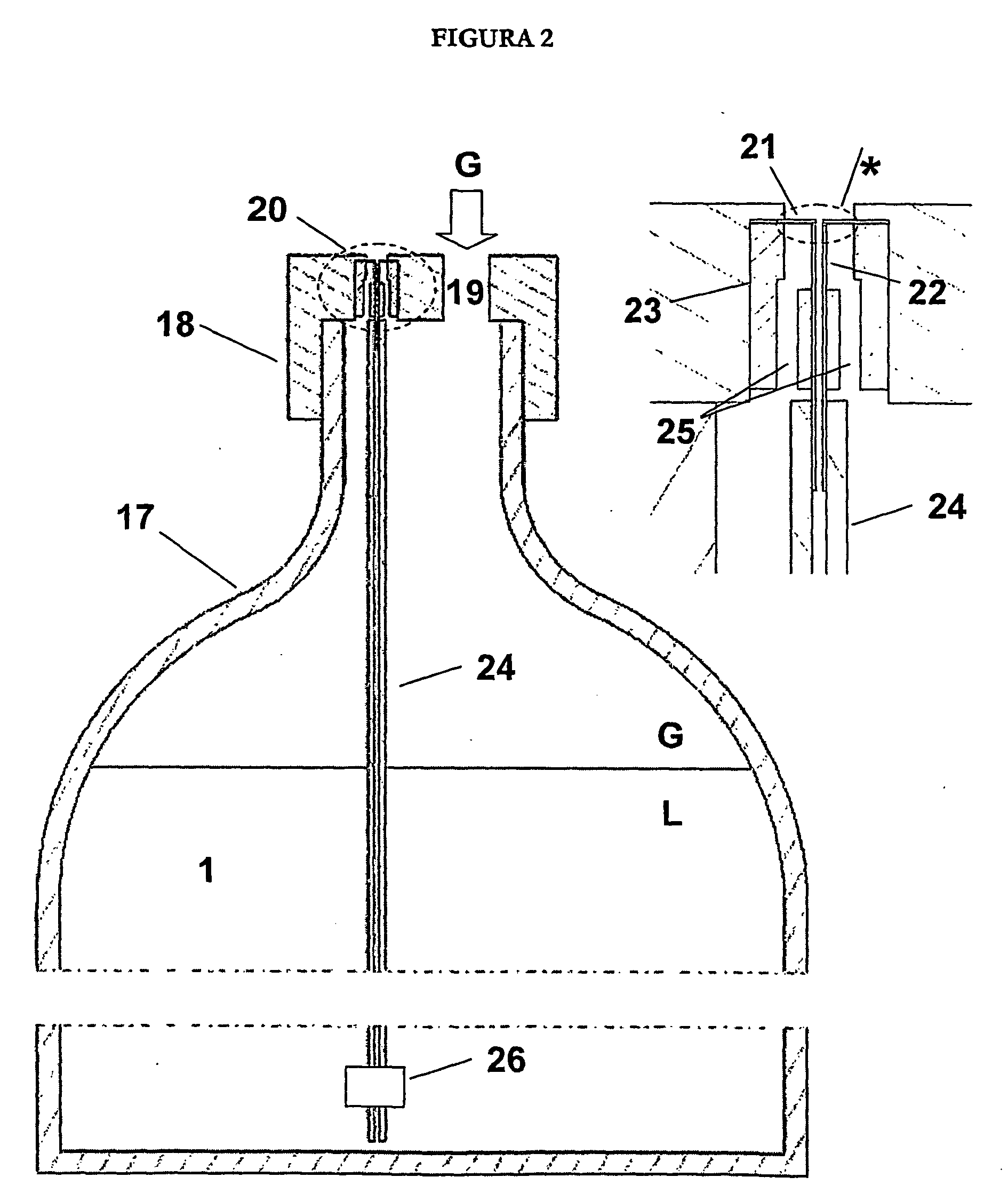 Device and procedure for the pneumatic atomization of liquids through an implosive gas flow