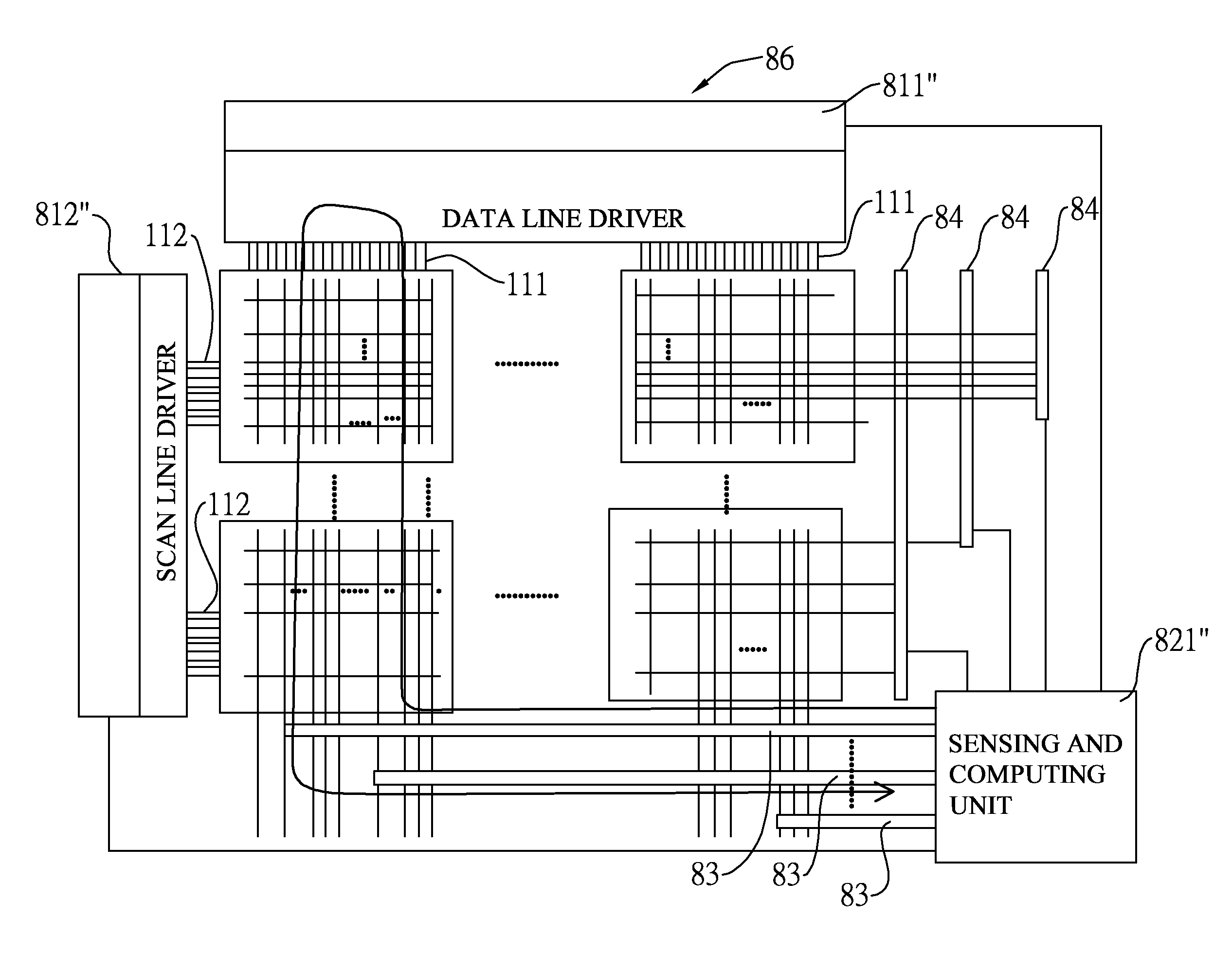 Touchable sensing matrix unit, a co-constructed active array substrate having the touchable sensing matrix unit and a display having the co-constructed active array substrate
