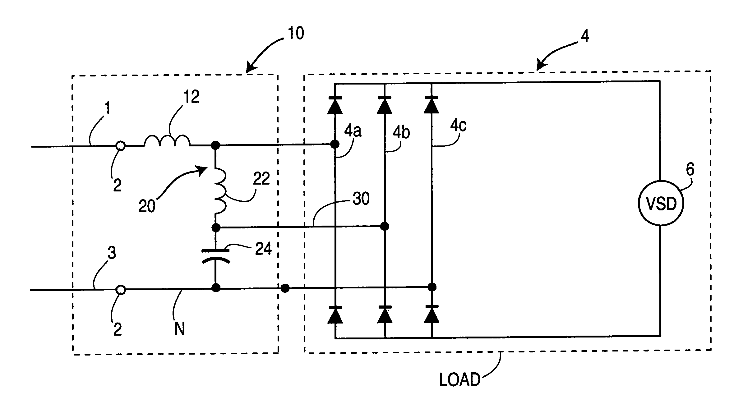 Combined harmonic filter and phase converter or phase shifting device