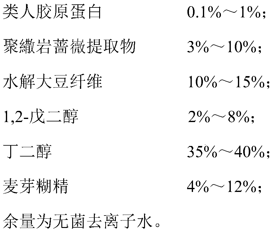 Essence containing human-like collagen and polyrock extract and preparation method of essence