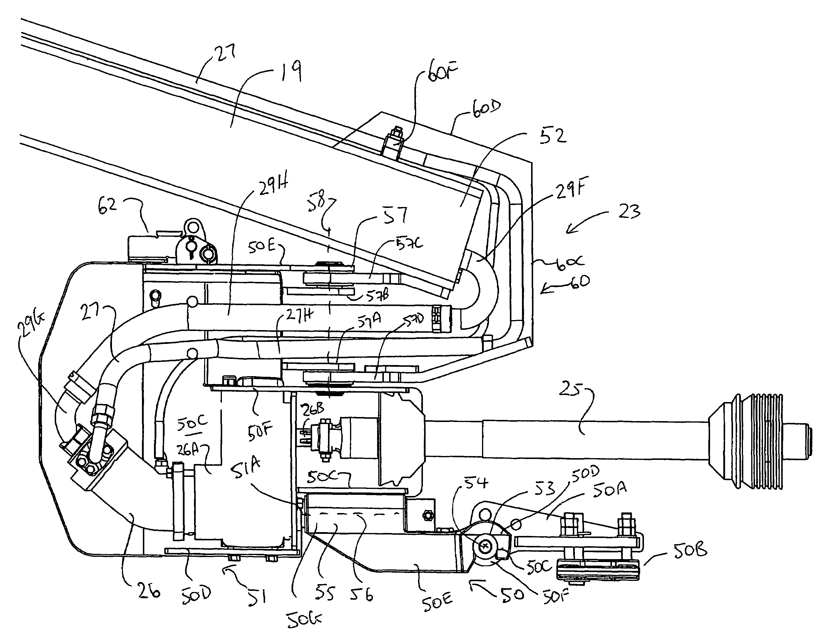 Connection of the hitch arm of a pull-type crop harvesting machine to a tractor