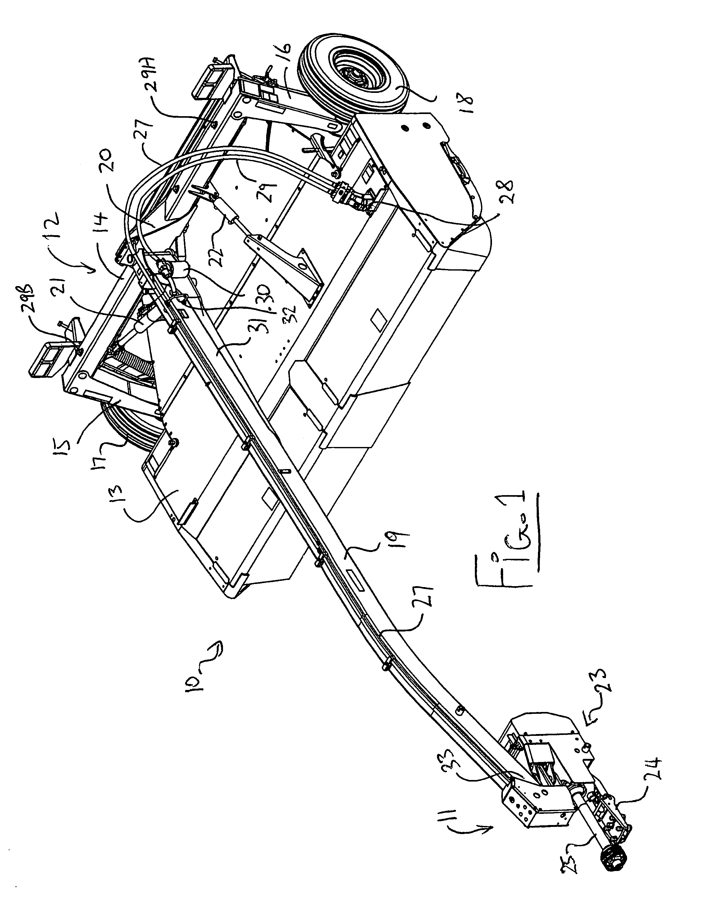 Connection of the hitch arm of a pull-type crop harvesting machine to a tractor