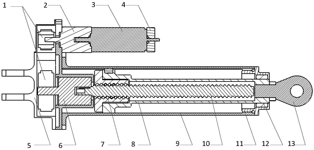 Actuating cylinder for telex shield with redundancy structure and implementation method of redundancy