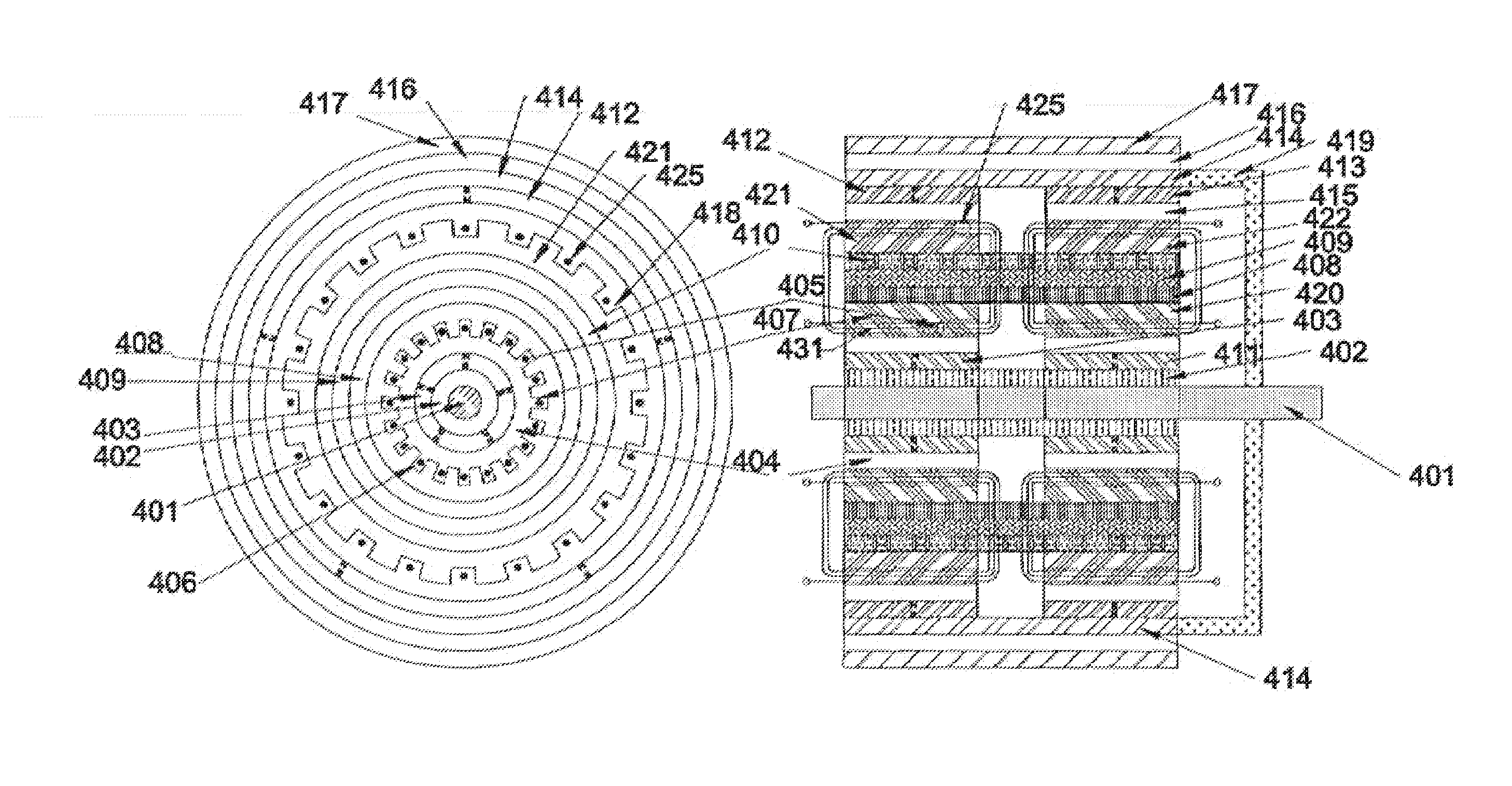 Commutatorless and brushless DC machine with stationary armature and method of operating the same