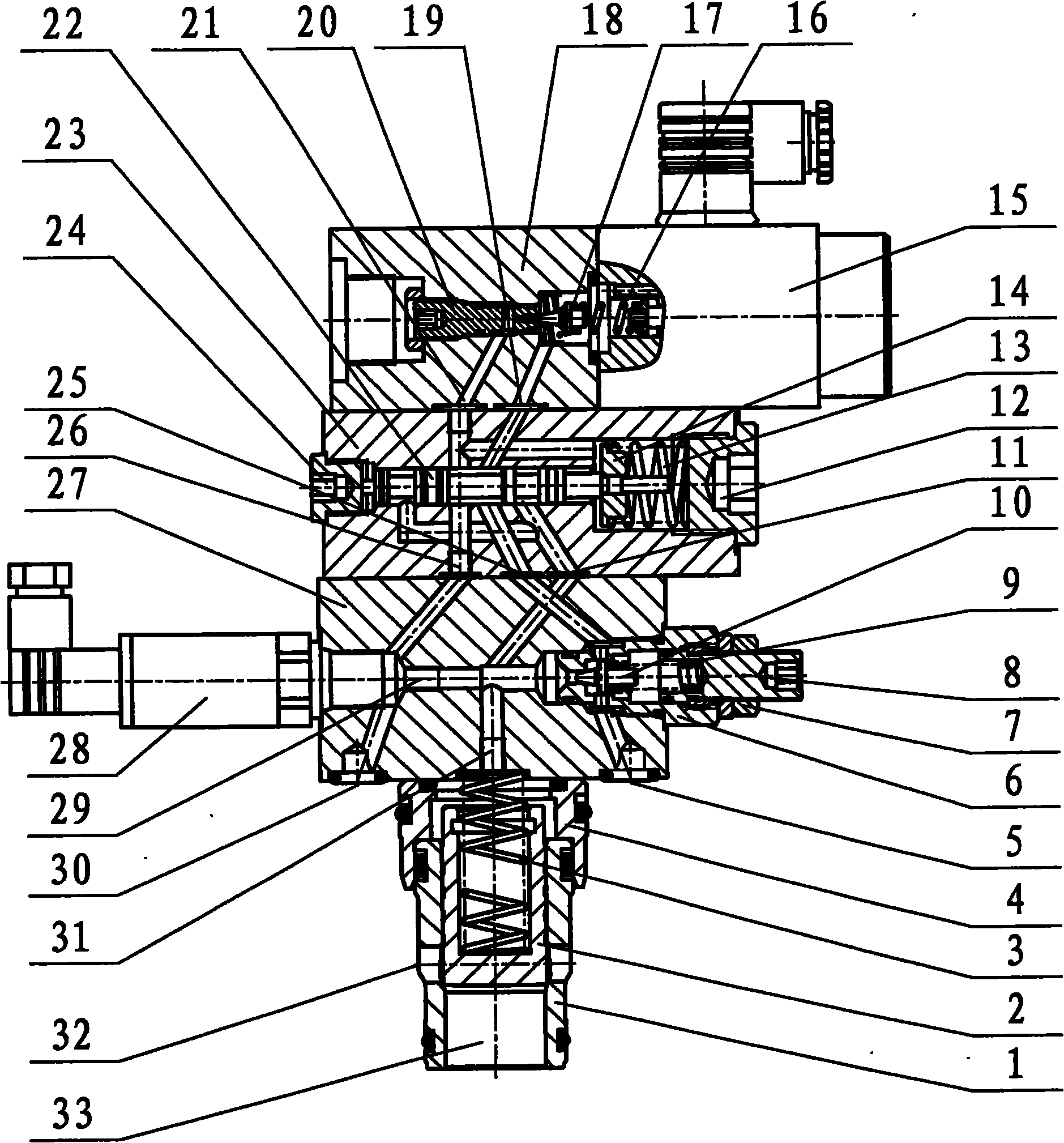 Pressure feedback secondary pilot control plugged-in type proportion relief valve system