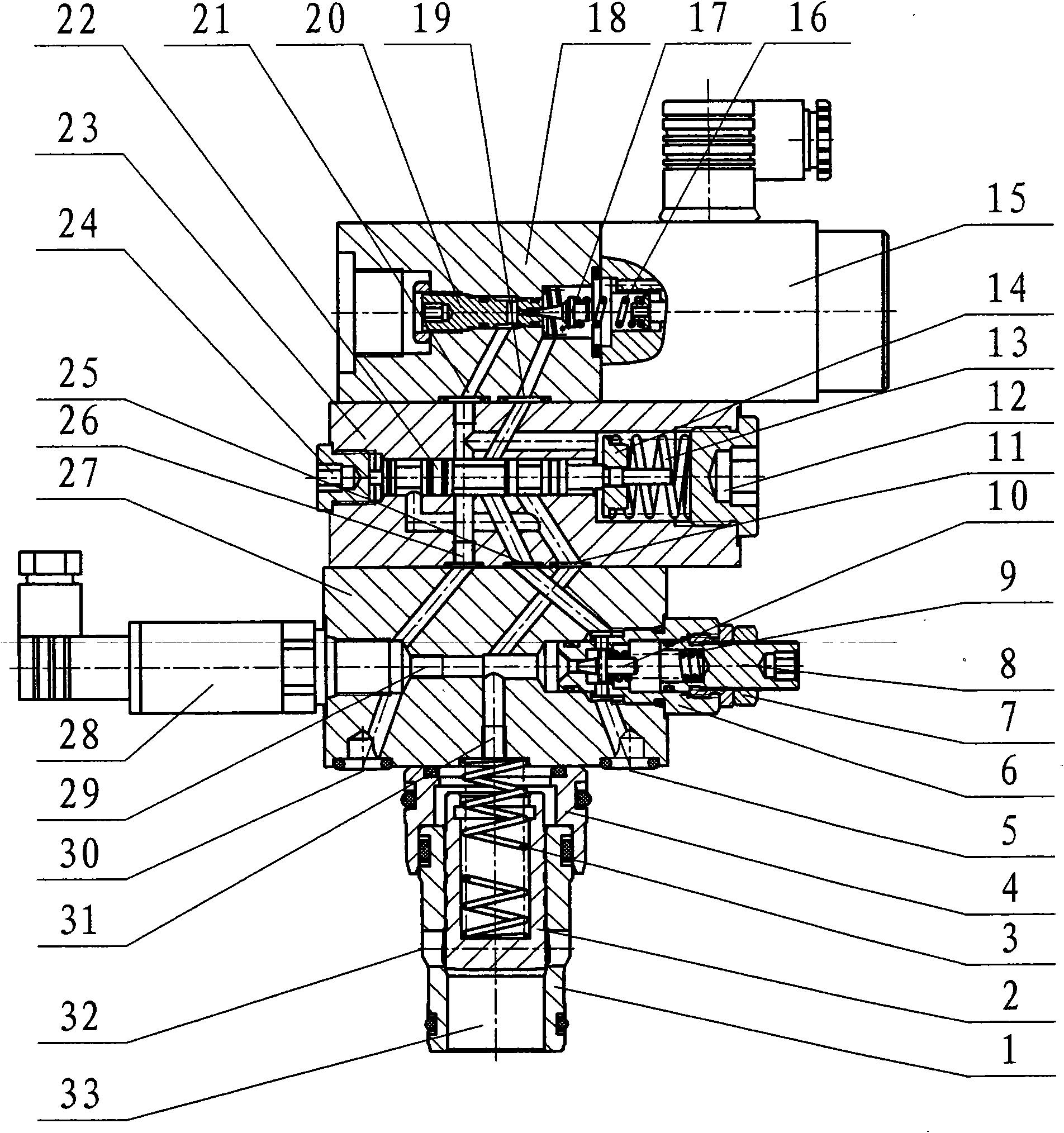 Pressure feedback secondary pilot control plugged-in type proportion relief valve system