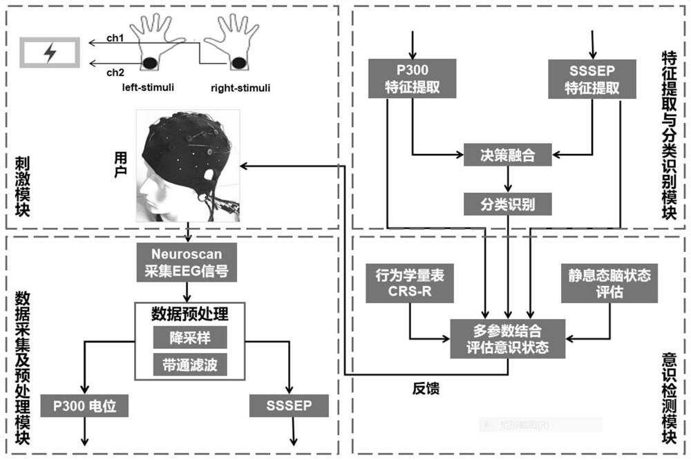 Somatosensory stimulation consciousness detection device and method based on electroencephalogram double-feature fusion