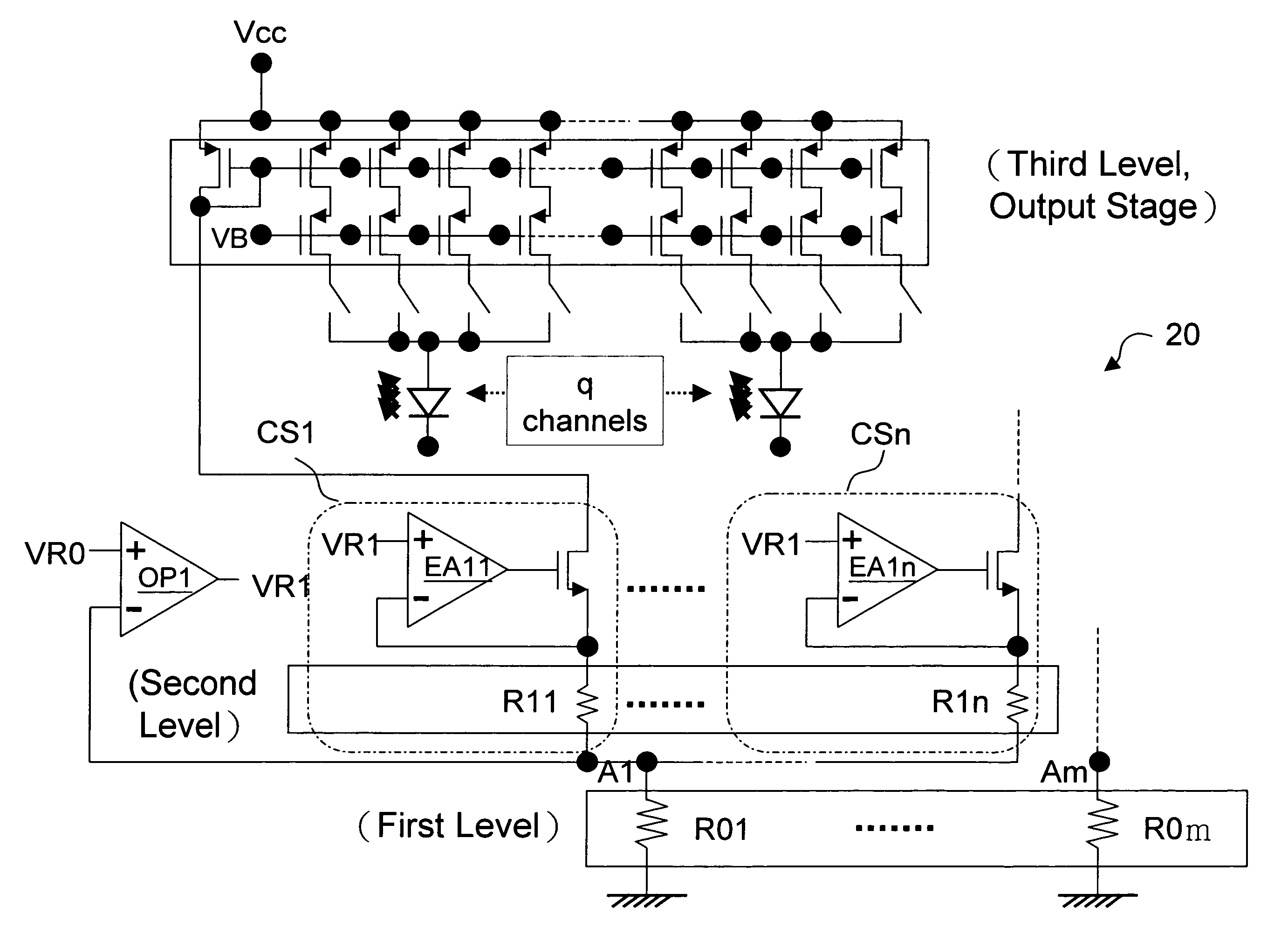 Circuit and method for matching current channels