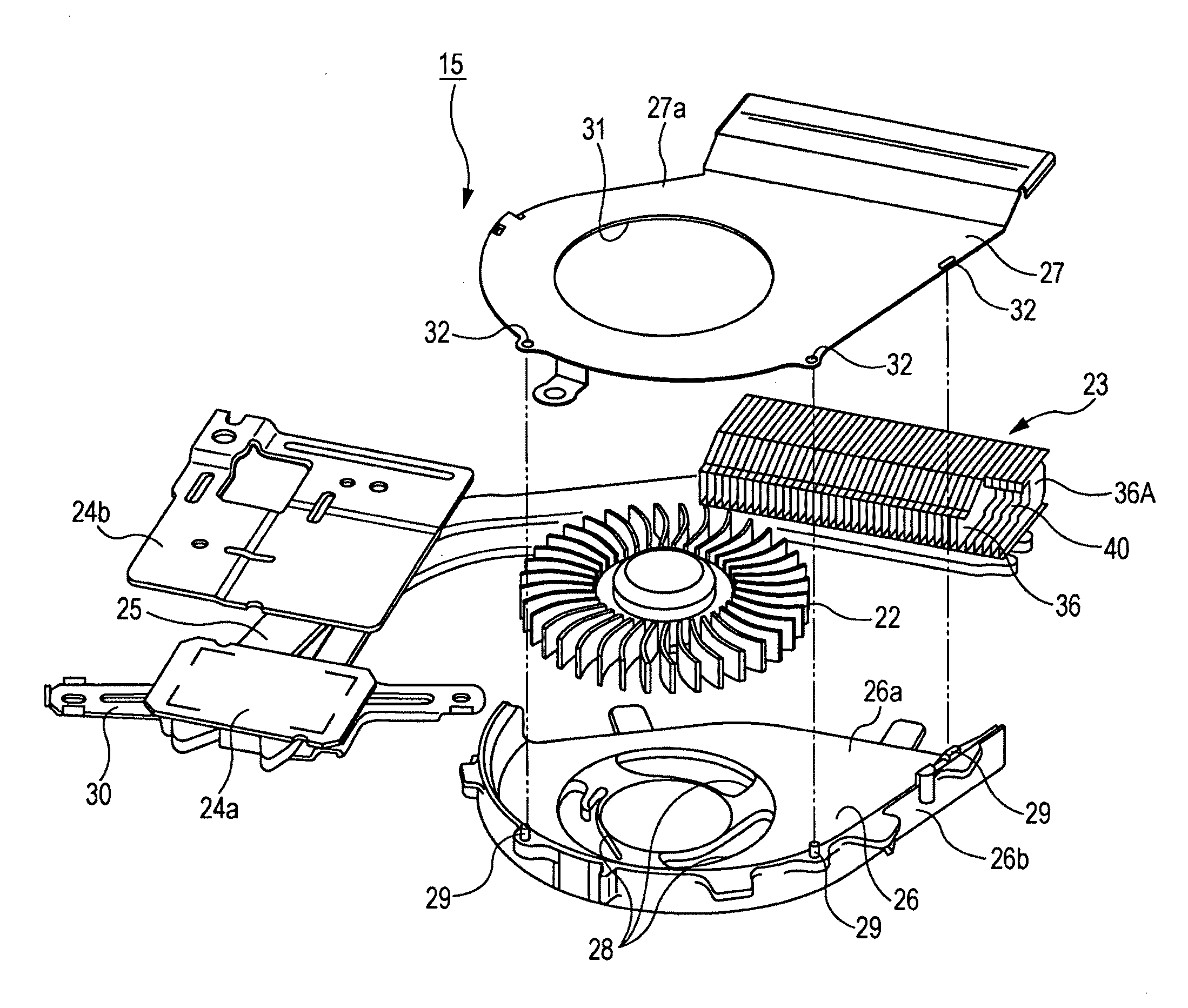 Cooling unit, electronic device, and heat sink