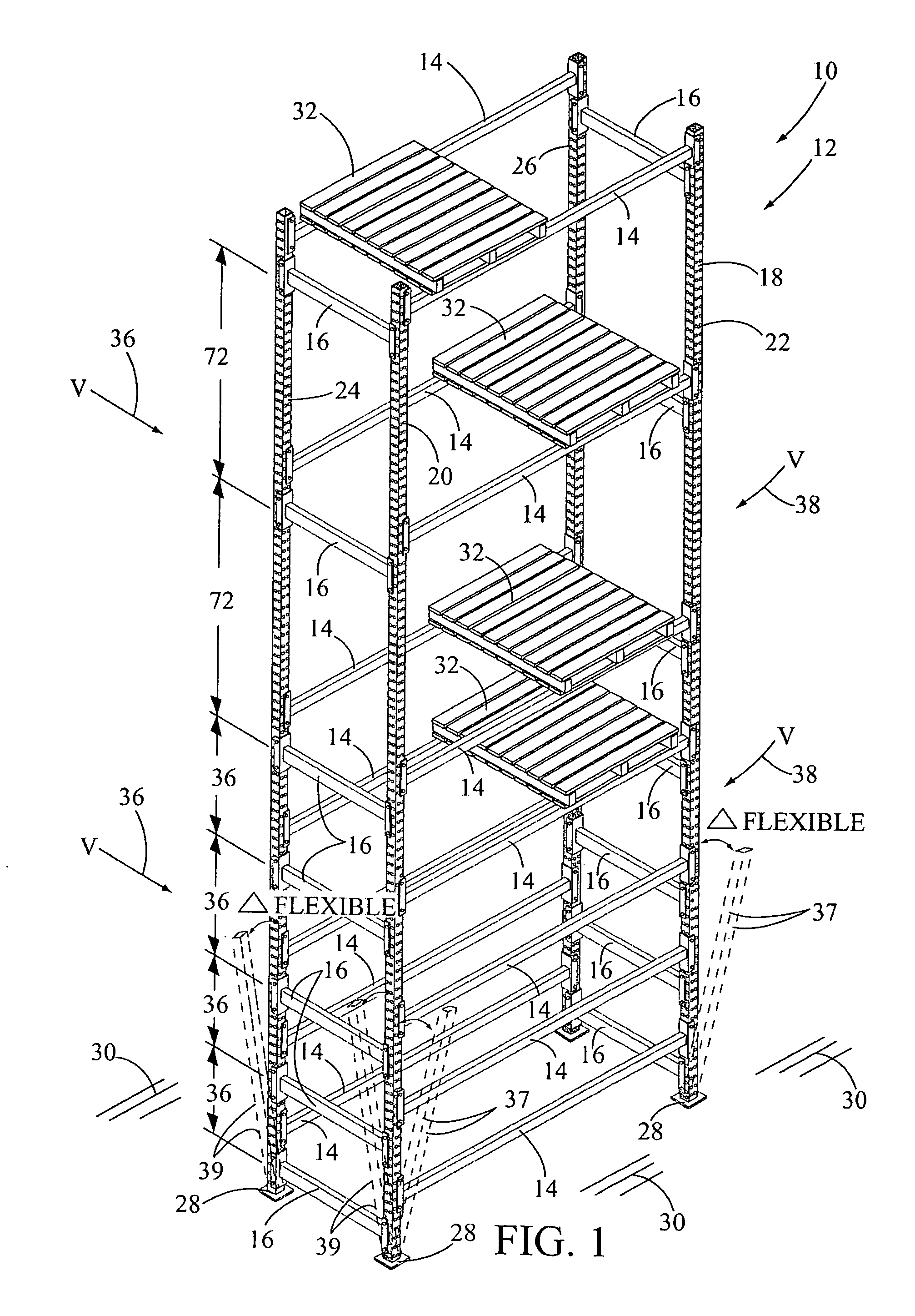 Storage rack, flexible moment frame for reducing seismic damage to stored goods