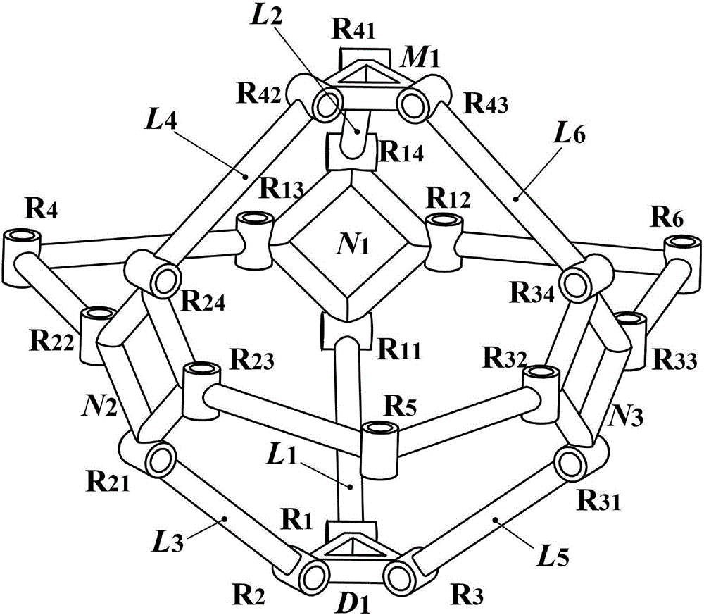 Double-regular-tetrahedron superimposed symmetrical coupling mechanism with single-freedom-degree movement
