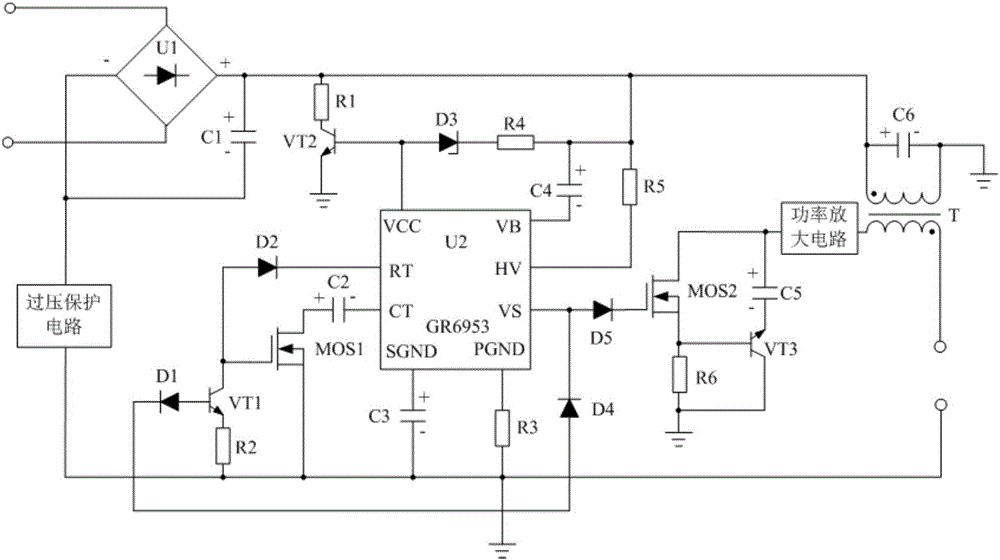 Overvoltage protective LED energy-saving driving system based on power amplification circuit