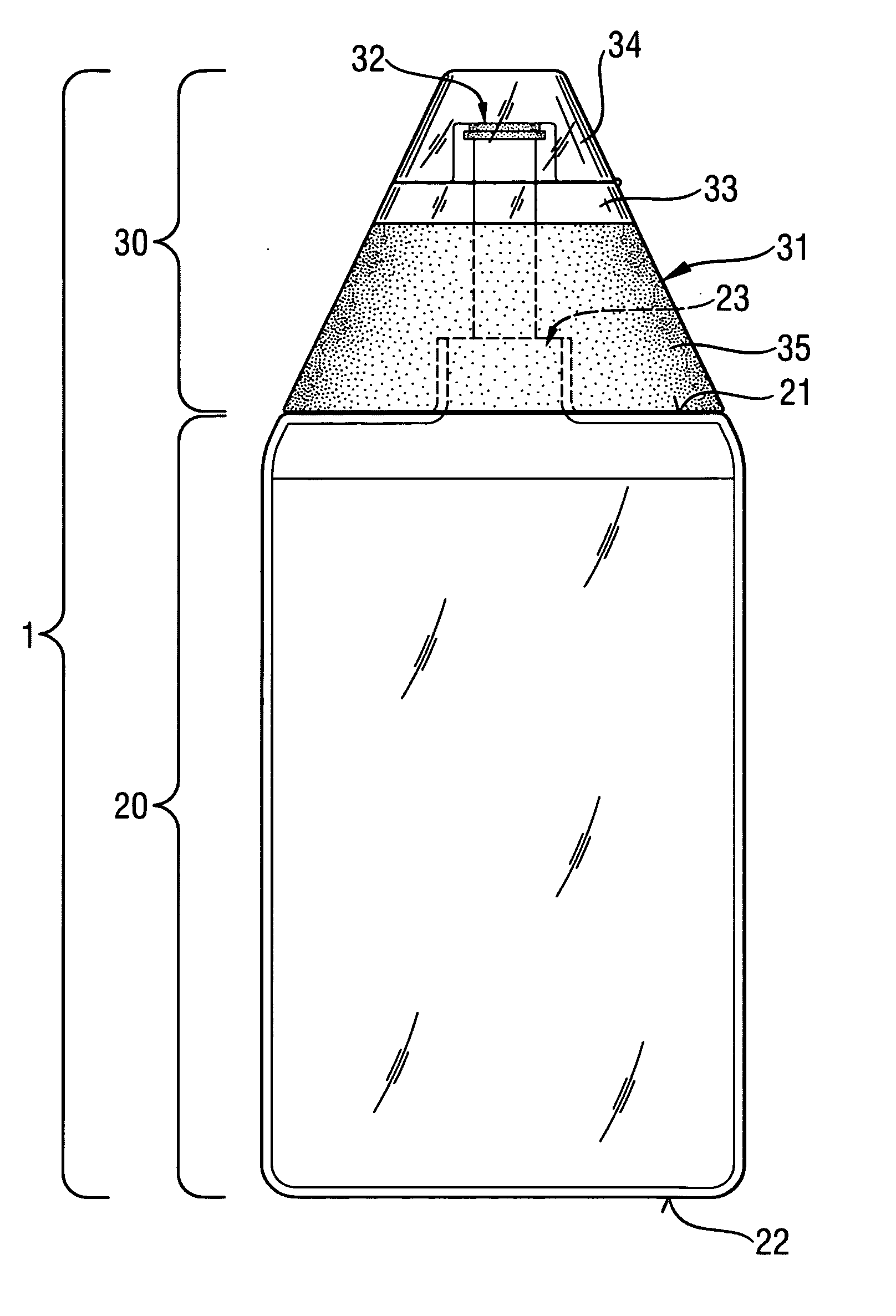 Top-up container assembly comprising a dispensing cap, and a dishwashing product comprising the container assembly