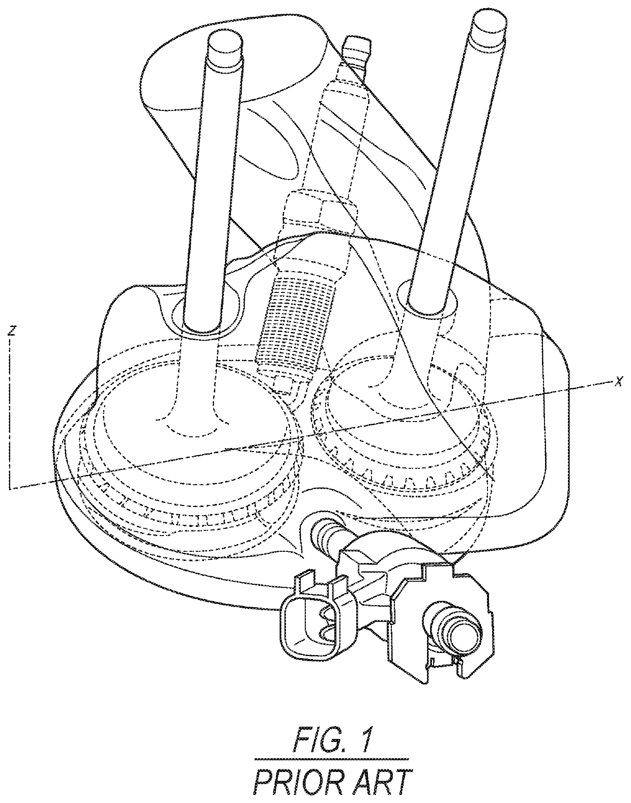 Direct fuel injection, two-valve per cylinder pushrod valvetrain combustion system for an internal combustion engine