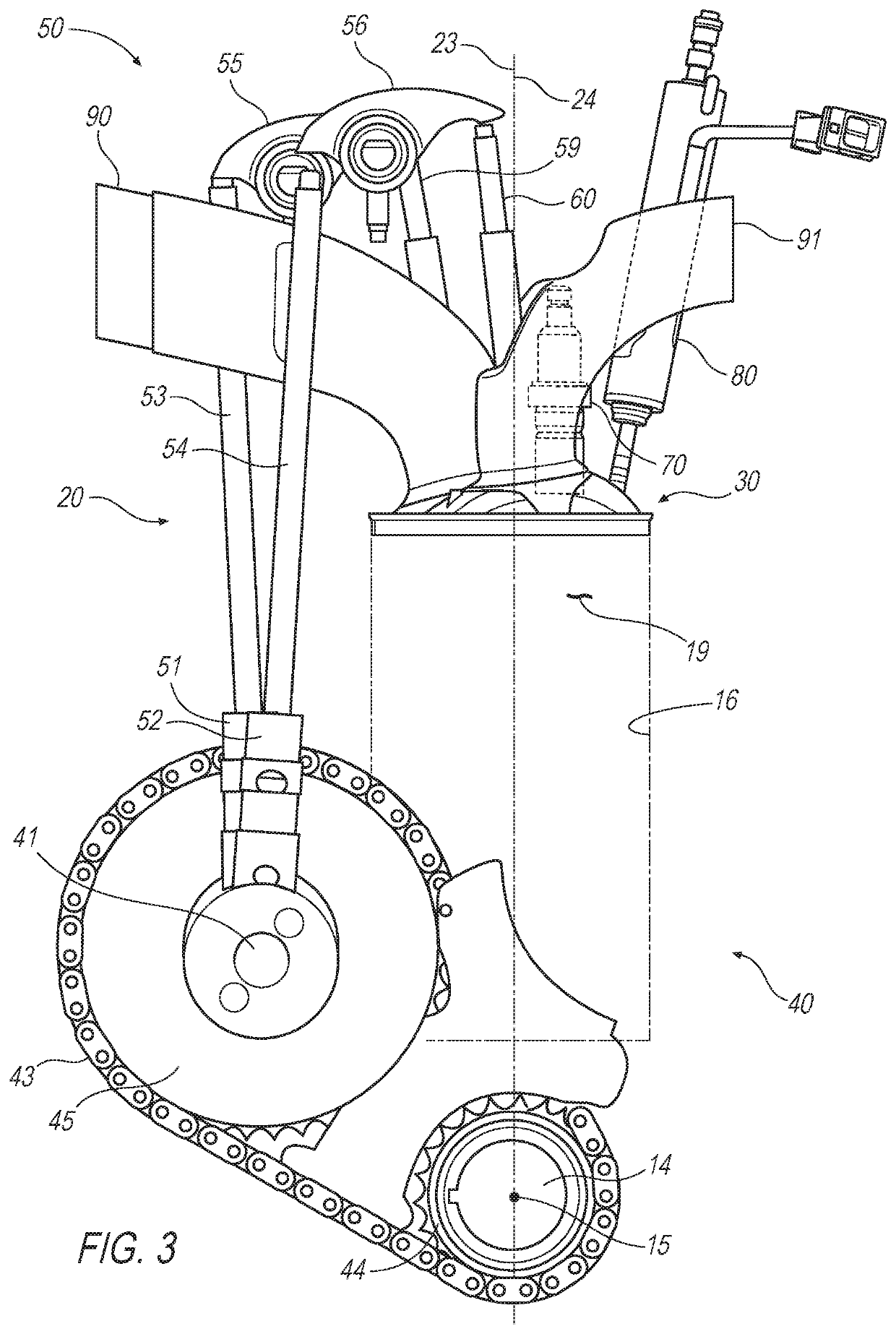 Direct fuel injection, two-valve per cylinder pushrod valvetrain combustion system for an internal combustion engine