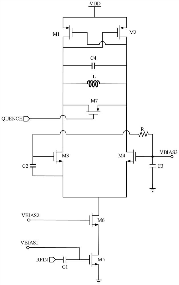 Current multiplexing low-power-consumption differential super-regeneration radio frequency front-end circuit