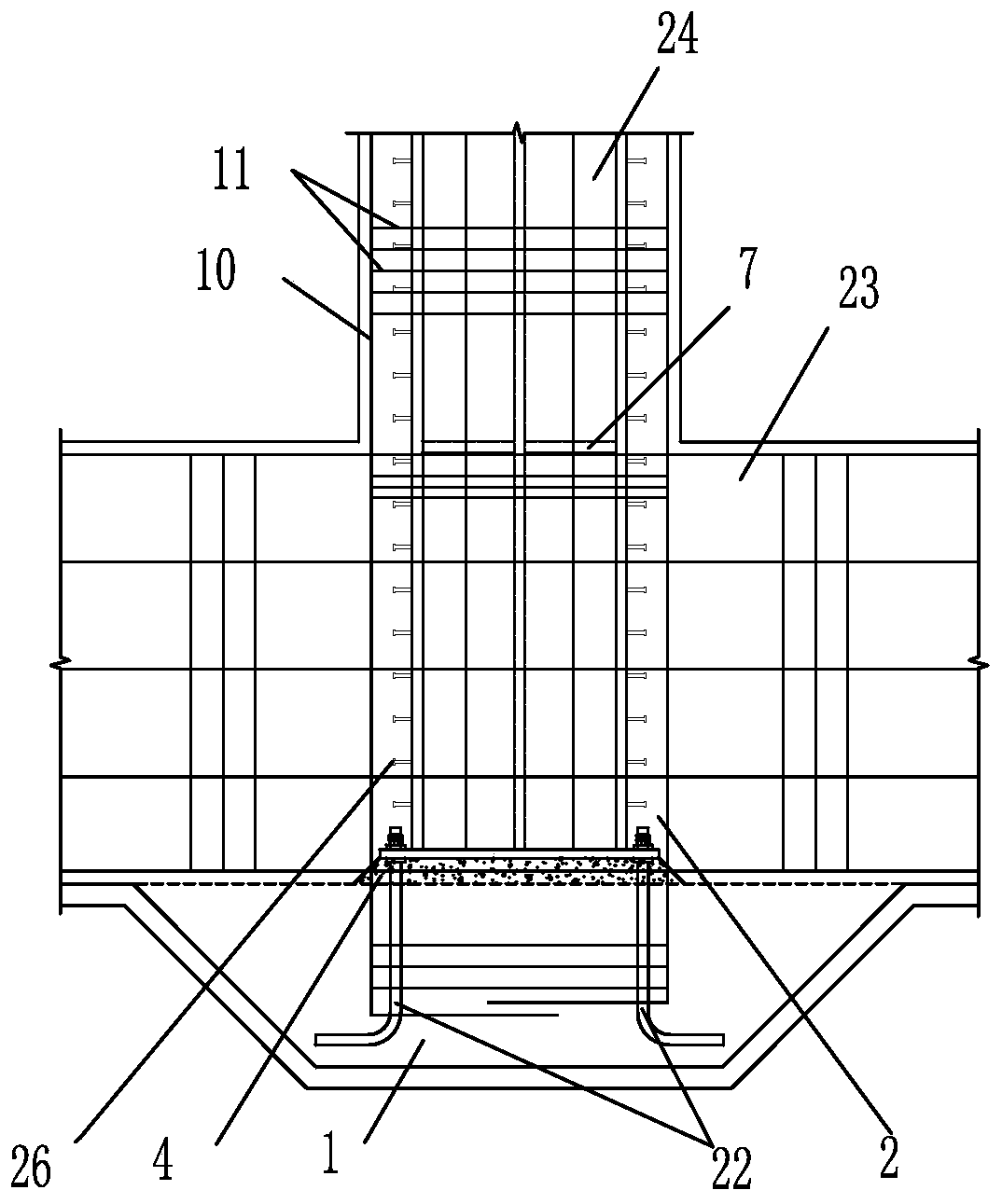 External-stretching-beam buried column base construction for reducing height of bearing table and construction method
