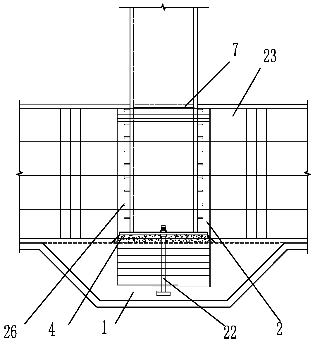 External-stretching-beam buried column base construction for reducing height of bearing table and construction method